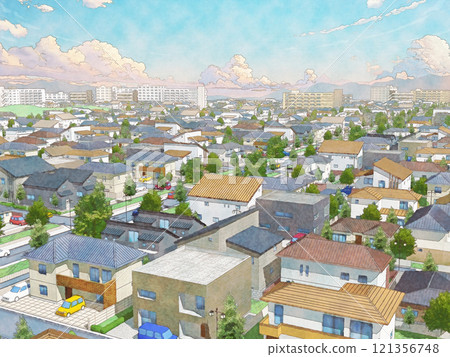 房屋，住宅，小鎮，城市，手繪風格，BG，水彩風格，早晨和傍晚 121356748