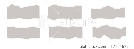 Torn paper pieces set with ripped edges and textured cutouts. Notebook scraps, frames, and borders collection for scrapbook templates. Flat vector illustration isolated on white background. 121356791