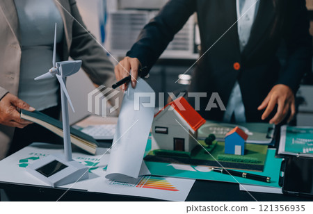 Carbon offset price report CO2 emission. Future growth Net zero waste in ESG ethical SME office protect climate change global warming social issues project. Group of asia people Eco friendly SDGs plan 121356935