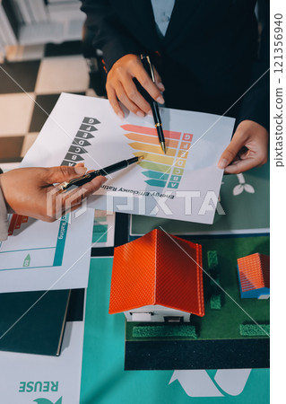 Carbon offset price report CO2 emission. Future growth Net zero waste in ESG ethical SME office protect climate change global warming social issues project. Group of asia people Eco friendly SDGs plan 121356940