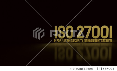 The Gold iso 27001 and gear on Black background 3d rendering. 121356993