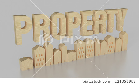 The wood house and property text for real estate concept 3d rendering. 121356995