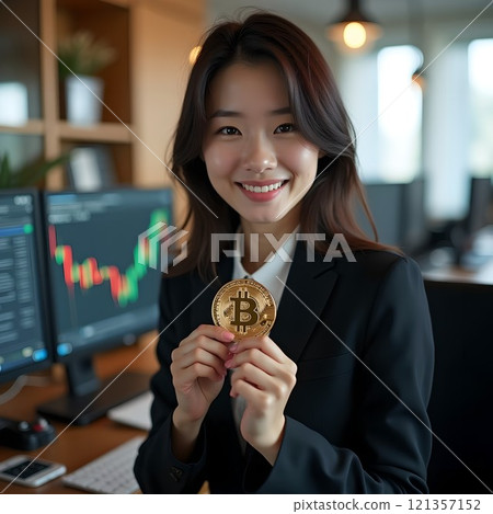 Smiling woman holding cryptocurrency Bitcoin in a trading room Smiling woman holding cryptocurrency Bitcoin in a trading room 121357152