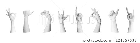 Collage Grunge hand set with retro halftone and punk elements. Pop art design with fingers and crazy signs. Flat vector illustration isolated on white background. 121357535
