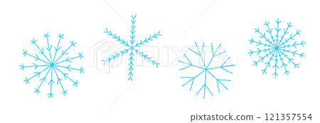 Blue snowflake pattern with hand drawn doodles and crayon texture set. Winter holiday background for Christmas and New Year. Flat vector illustration isolated on white background. Blue snowflake pattern with hand drawn doodles and crayon texture set. Winter holiday background for Christmas and New Year. Flat vector illustration isolated on white background. 121357554