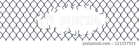 Broken chainlink fence with ripped wire and barbed mesh. Old metal barrier design for cages and steel borders. Flat vector illustration isolated on white background. 121357555