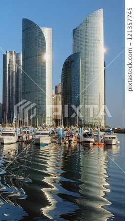 Busan marina with yachts, Marine city skyscrapers with reflection, South Korea 121357745