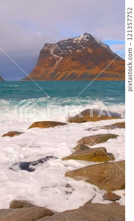 Norwegian Sea and rocky beach. Lofoten islands, Norway 121357752