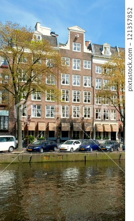 Amsterdam cityscape with canal, houses and boats. Amsterdam, Netherlands Amsterdam cityscape with canal, houses and boats. Amsterdam, Netherlands 121357852