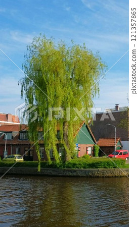 Boats and houses in canal. Harlem, Netherlands 121357865