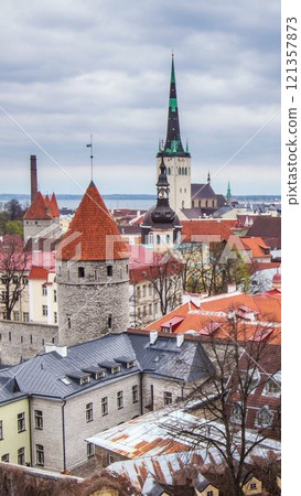 4k Timlapse of aerial view of Tallinn Medieval Old Town in day with cloudy sky, Estonia. Vertical video 121357873