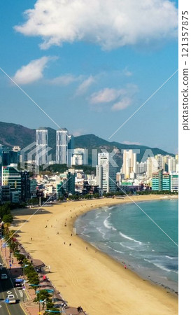 Gwangalli Beach in Busan timelapse with panorama panning, South Korea. Aerial view Gwangalli Beach in Busan timelapse with panorama panning, South Korea. Aerial view 121357875