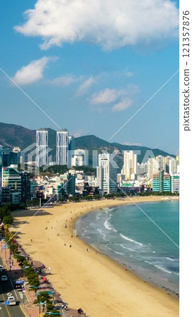 Gwangalli Beach in Busan timelapse with panorama panning, South Korea. Aerial view Gwangalli Beach in Busan timelapse with panorama panning, South Korea. Aerial view 121357876