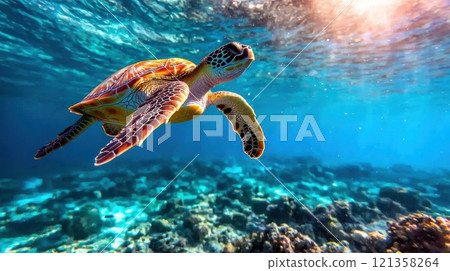 Colorful Sea Turtle Swimming in Clear Ocean Water Under Sunlight Colorful Sea Turtle Swimming in Clear Ocean Water Under Sunlight 121358264