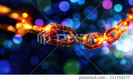 Digital Chain Link with Glowing Effects and Colorful Background 121358277