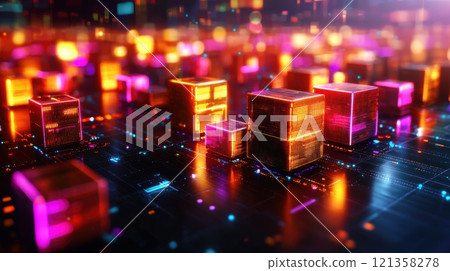 Colorful Neon Cubes on Digital Background with Glowing Elements 121358278