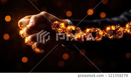Hand Creating Magic Sparkles against a Blurred Background Hand Creating Magic Sparkles against a Blurred Background 121358279