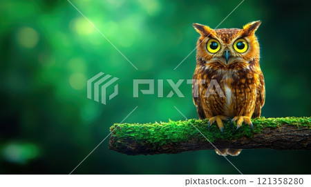 Majestic Owl Perched on Mossy Branch in Lush Green Forest Majestic Owl Perched on Mossy Branch in Lush Green Forest 121358280