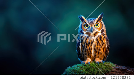 Majestic Owl Perched on Mossy Log in Soft Natural Background Light 121358281