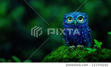 Enigmatic Blue Owl with Striking Eyes Amidst Lush Green Background 121358282