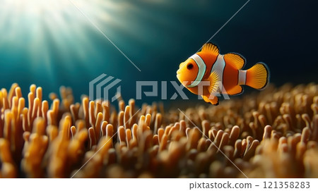 Colorful clownfish swimming in vibrant coral reef underwater scene Colorful clownfish swimming in vibrant coral reef underwater scene 121358283
