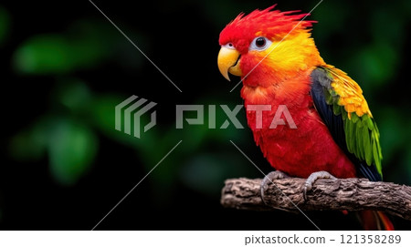 Vibrant Colorful Parrot Perched on a Branch Against Dark Background 121358289