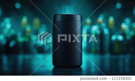 Mysterious Black Container with Smoke and Colorful Bottles Background 121358301