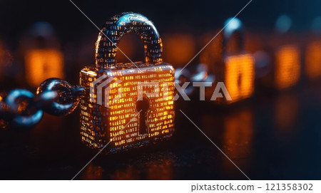 Digital Security Concept with Locks and Binary Code Visualization 121358302