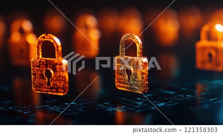 Digital Lock Icons Representing Data Security and Cyber Protection 121358303