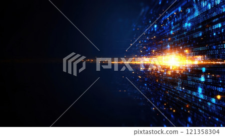 Abstract Digital Background with Bright Light and Binary Code Flow 121358304