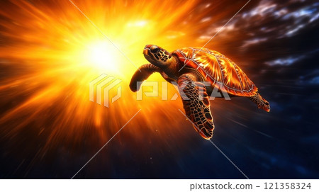 Sea Turtle Swimming Through Vibrant and Colorful Sunset Background 121358324