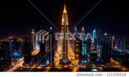 Stunning Aerial Night View of Dubai Skyline with Bright Lights Stunning Aerial Night View of Dubai Skyline with Bright Lights 121358339