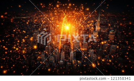 Vibrant Night Skyline with Sparkling Lights over Cityscape Vibrant Night Skyline with Sparkling Lights over Cityscape 121358341
