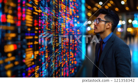 Businessman Analyzing Data Visualization on Digital Screen at Night Businessman Analyzing Data Visualization on Digital Screen at Night 121358342