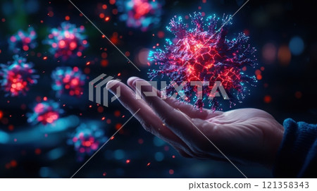 Hand Reaching Out to Colorful Virus Particles in Dark Background Hand Reaching Out to Colorful Virus Particles in Dark Background 121358343