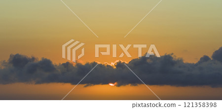 Amazing sunset skyscape. Evening sky with bright colorful orange and yellow clouds 121358398