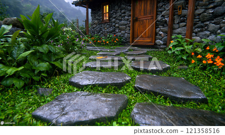 Tranquil Stone Pathway Leading to Rustic Cottage in Nature Tranquil Stone Pathway Leading to Rustic Cottage in Nature 121358516