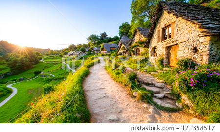 Serene Countryside Pathway Leading to Charming Stone Cottages Serene Countryside Pathway Leading to Charming Stone Cottages 121358517
