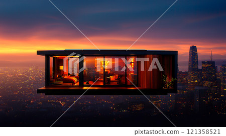 Modern Floating House with City View at Sunset Overlooking Skyline 121358521