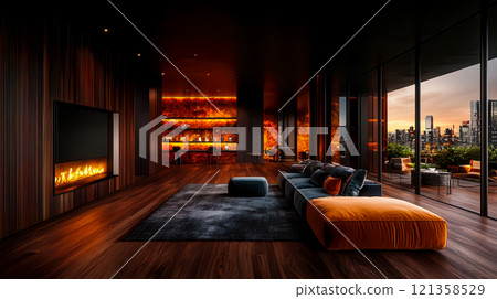 Cozy Modern Living Room with Stylish Fireplace and City View Cozy Modern Living Room with Stylish Fireplace and City View 121358529