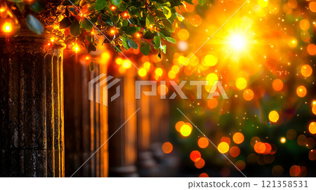 Glowing Evening Lights Among Stone Columns in Warm Glow 121358531