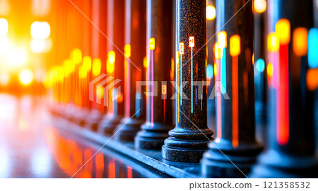 Abstract Colorful Columns with Light Reflections and Bokeh Effect Abstract Colorful Columns with Light Reflections and Bokeh Effect 121358532