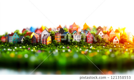 Colorful Miniature Houses on Green Grass with Bright Background 121358553
