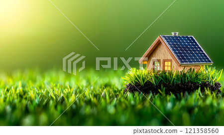 Miniature House with Solar Panels on Lush Green Grass Background Miniature House with Solar Panels on Lush Green Grass Background 121358560