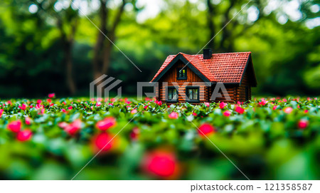 Miniature Wooden House Surrounded by Vibrant Green Grass and Flowers Miniature Wooden House Surrounded by Vibrant Green Grass and Flowers 121358587