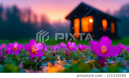 Tranquil Evening Scene with Purple Flowers and Cozy Cabin Tranquil Evening Scene with Purple Flowers and Cozy Cabin 121358588