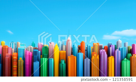 Vibrant Skyline of Colorful Buildings Under a Bright Blue Sky 121358591