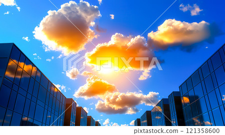 Vibrant Urban Skyline Under Bright Sunlight and Fluffy Clouds Vibrant Urban Skyline Under Bright Sunlight and Fluffy Clouds 121358600