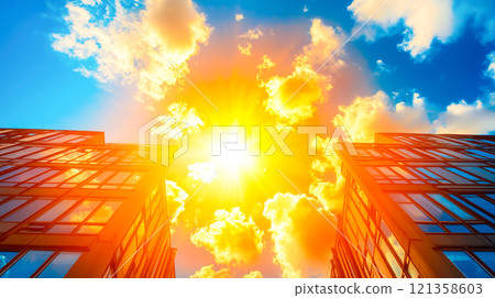 Bright Sunlight Over Modern Buildings Against Clear Blue Sky Bright Sunlight Over Modern Buildings Against Clear Blue Sky 121358603