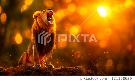 Majestic Lion Roaring Against Glowing Sunset Background Majestic Lion Roaring Against Glowing Sunset Background 121358629